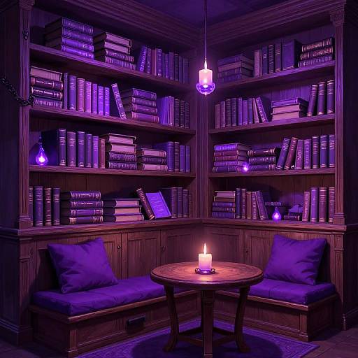 Dimly lit, purple-hued library nook with wooden shelves, purple cushions, round table, candle, and hanging lamps. Book-filled shelves surround