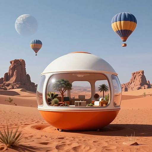 Photorealistic CGI of a futuristic, orange-and-white bubble-shaped desert pod with palm trees inside, surrounded by red sand dunes, and three colorful