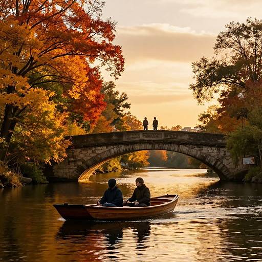 Photograph of two people in a wooden rowboat on a calm river, under an arched stone bridge, surrounded by vibrant autumn foliage at sunset.