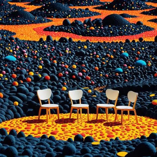Surreal miniature world with chairs on colorful lava fields