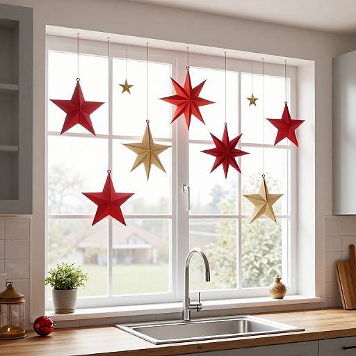 Photograph of a bright kitchen window adorned with red and gold paper stars, white cabinet, stainless steel sink, wooden countertop, and small potted