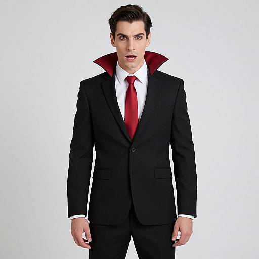 Photograph of a serious-looking man in a black suit with a red tie and red collar, standing against a white background.