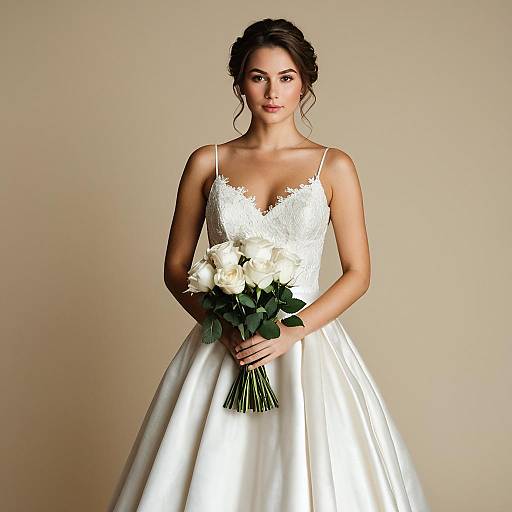 Elegant Bride in Silk Wedding Dress Holding White Roses