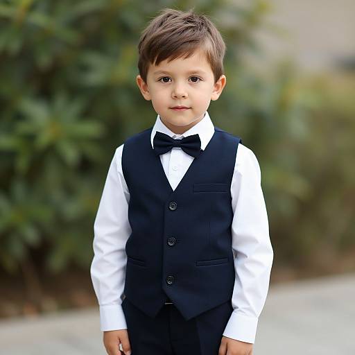 Photograph of a young boy with short brown hair, wearing a black vest, white shirt, and black bow tie, standing in front of green foliage