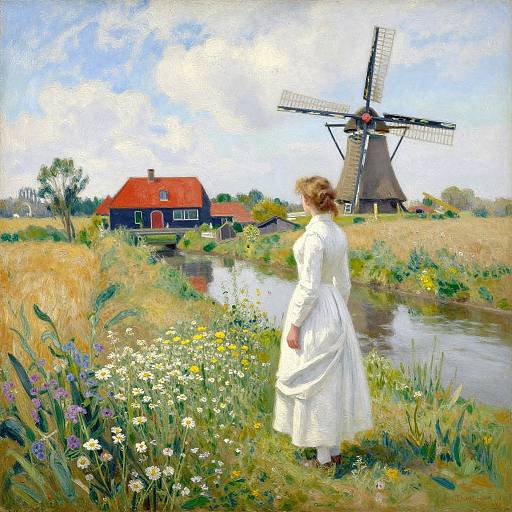 Impressionist painting of a woman in a white dress standing by a flower-filled riverbank, gazing at a red-roofed house and black