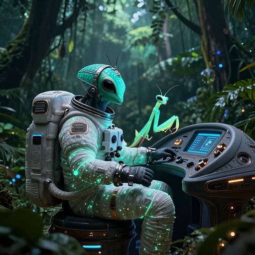 CGI image of a neon-green, insect-like astronaut in a forest, controlling a futuristic console, surrounded by dense, glowing foliage.
