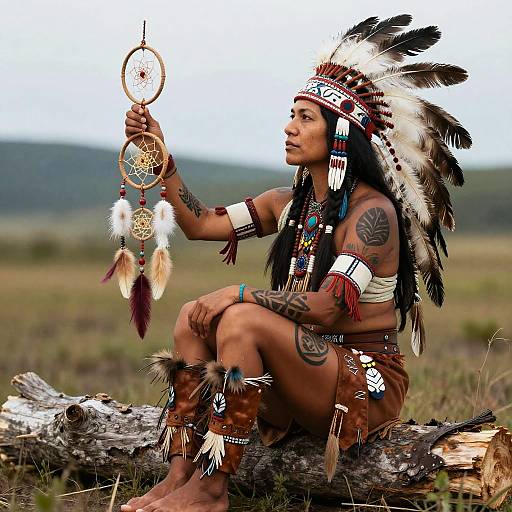 Photograph of a Native American man with feathered headdress, tribal tattoos, and traditional attire, sitting on a log, holding dreamcatcher in