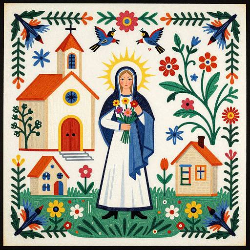 Folk Art Religious Scene with Flowers