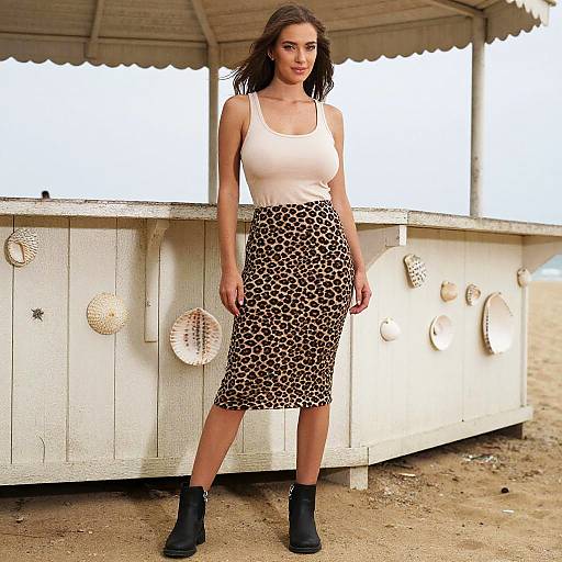 Photograph of a brunette woman in a white tank top and leopard-print knee-length skirt, standing in front of a white beach shack with hats on the