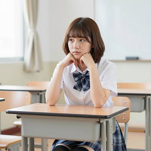 Asian Schoolgirl Sitting at Desk in Classroom