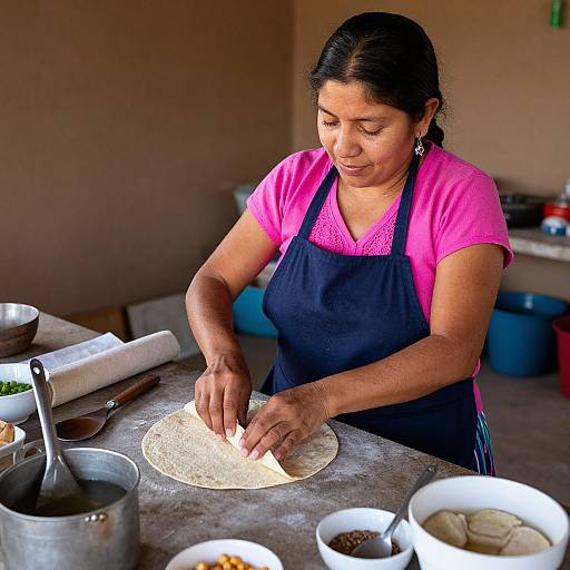 Photograph of a smiling Indian woman with dark hair in a pink shirt and black apron, rolling tortilla dough on a countertop.