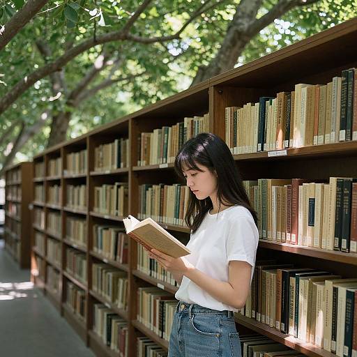 Photograph of an Asian woman with long black hair, wearing a white t-shirt and blue jeans, reading a book in a sunlit library with tall