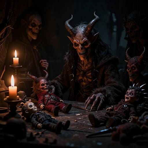 Dark, eerie photograph of demonic creatures with horns and grotesque faces surrounding toy dolls, lit by flickering candles, creating a sinister, ritualistic atmosphere