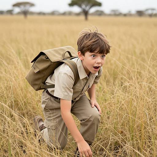 Photograph of a young boy with brown hair, crouching in a golden grass field, wearing a scout uniform and beige backpack, surprised expression,