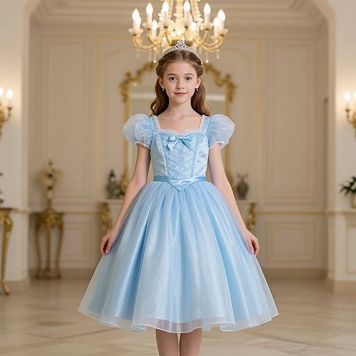 Photograph of a young girl in a light blue, satin, puffed-sleeve, knee-length ball gown, standing in an elegant, orn