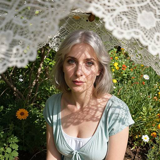 Photograph of a fair-skinned woman with silver hair, wearing a light blue top, standing in a sunlit garden, shadowed by white lace