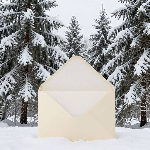 Photograph of a snow-covered white yurt in a forest of snow-laden evergreen trees, creating a stark contrast between the bright yurt and dark,