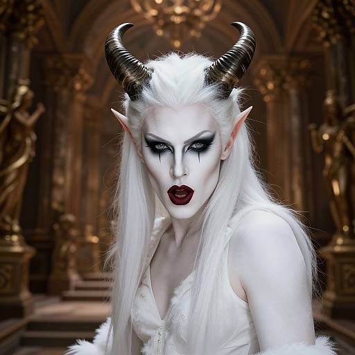 Digital artwork of a pale, white-haired demoness with black horns, dark lipstick, and dramatic eye makeup, wearing a fluffy white garment, in a