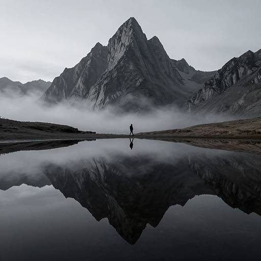 Photograph of a lone silhouetted figure standing on a reflective mountain lake, mirrored by towering, mist-covered jagged peaks.