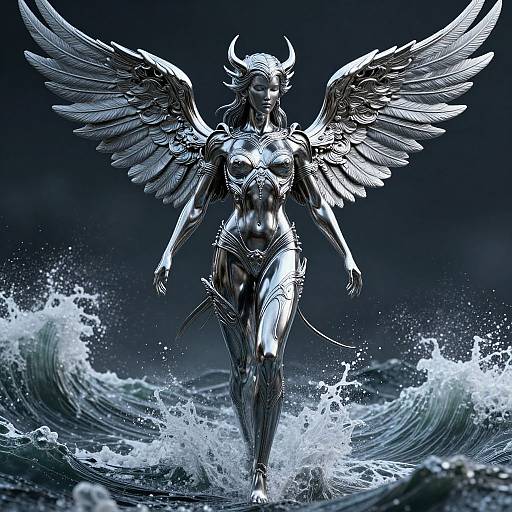Digital art of a silver-winged, horned female angel with a toned physique, walking through crashing waves, against a dark, stormy sky.