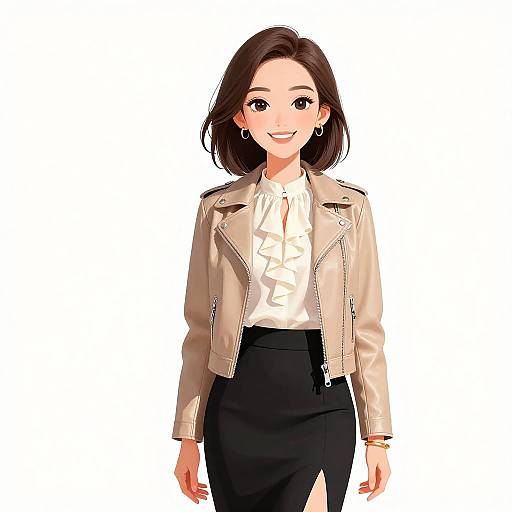Digital anime-style drawing of a smiling woman with shoulder-length brown hair, wearing a beige leather jacket, white ruffled blouse, and black skirt with a