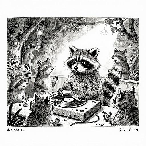 Black-and-white ink drawing of six raccoons gathered around a record player, surrounded by festive decorations, creating a whimsical, celebratory scene.