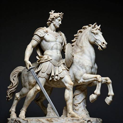 Photograph of a detailed marble statue of a muscular, armored warrior riding a rearing horse, holding a sword, against a black background.