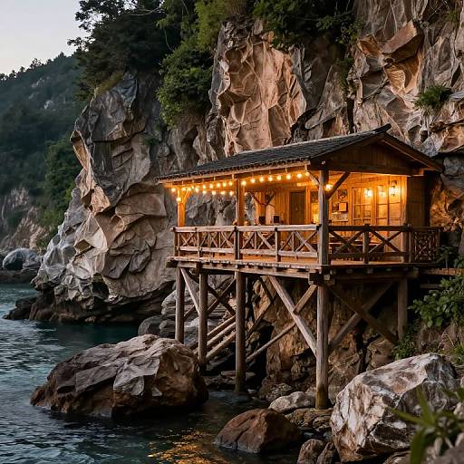 Photograph of a wooden, string-lit riverside hut on stilts, nestled against rugged cliffs with lush greenery, at dusk.