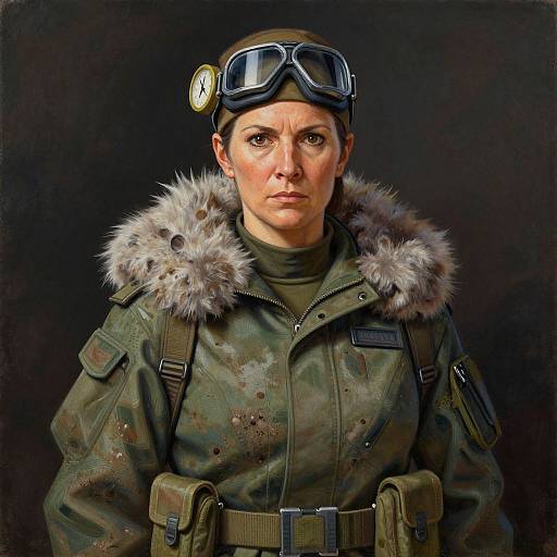 Digital portrait of a serious, middle-aged woman in a camouflage military jacket with fur hood, aviator goggles, and headlamp, against a dark background