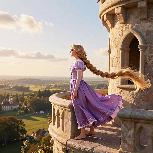 Rapunzel on Tower Balcony at Sunset