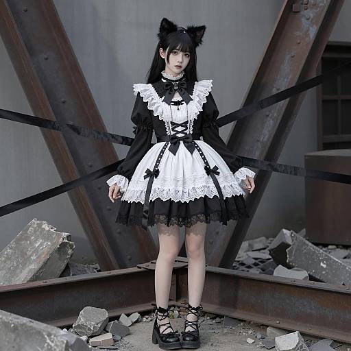 Gothic Lolita Amidst Industrial Ruins