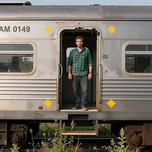 Man Standing in Doorway of Silver Train Car