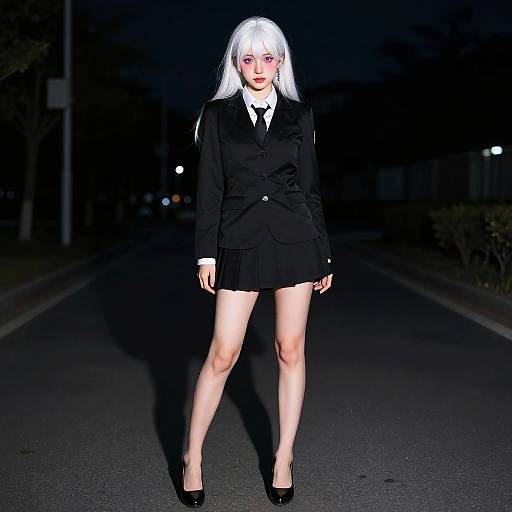 Photograph of a pale-skinned woman with white hair, wearing a black blazer, white shirt, black tie, short skirt, and black heels