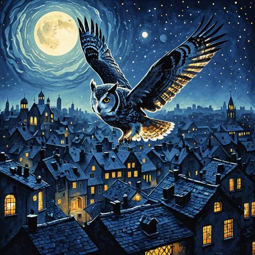 Ethereal Owl Flying Over Twilight Cityscape