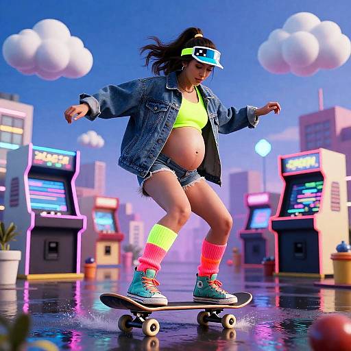 Pregnant 1980s Arcade Heroine on Skateboard