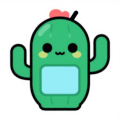 Cute, cartoon-style green cactus with black eyes, pink blush, smiling mouth, blue rectangle mouth, raised arm, and small red top.