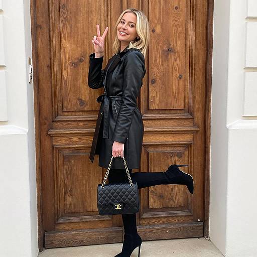 Blonde Woman in Black Leather Coat Showing Peace Sign