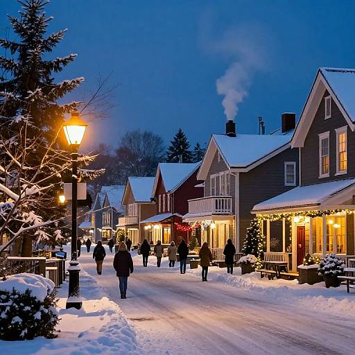 Photograph of a snowy, twilight street lined with illuminated, wooden houses, people walking, glowing street lamp, snow-covered trees, and festive Christmas lights