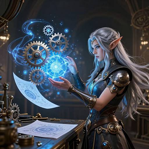 Digital fantasy artwork of an elven woman with silver hair, wearing black armor, conjuring blue glowing gears and a swirling magical aura.