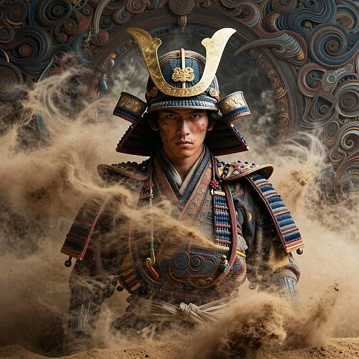Photograph of a fierce samurai warrior in ornate armor, with smoke swirling around, set against a dark, intricately carved background.