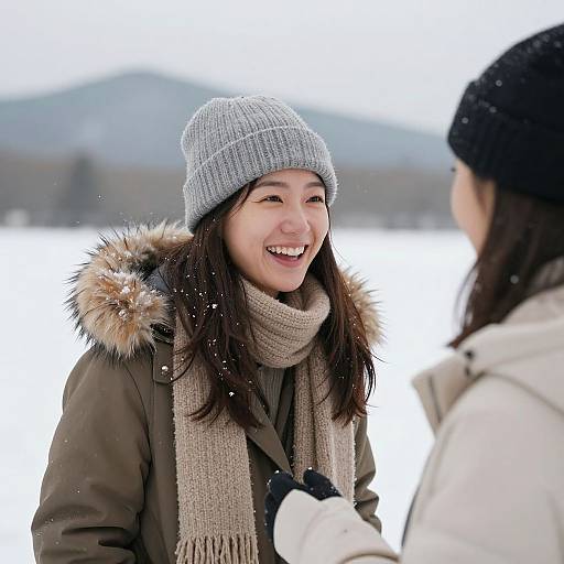Photograph of two smiling Asian women in winter clothes, with one wearing a gray beanie and brown coat, chatting outdoors in snow.