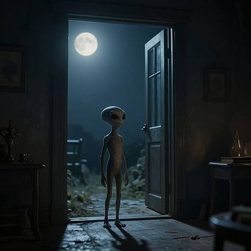 Photograph of a small, alien-like creature standing in a moonlit doorway, illuminated by a bright full moon, with dark, shadowy room interior
