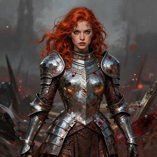Digital art of a fierce, red-haired woman in bloody, reflective armor standing in a war-torn battlefield with dark, smoky background.