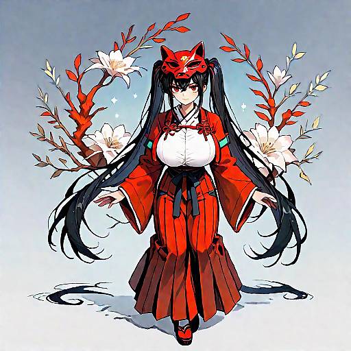Red Kimono Twin-Tails Shrine Maiden