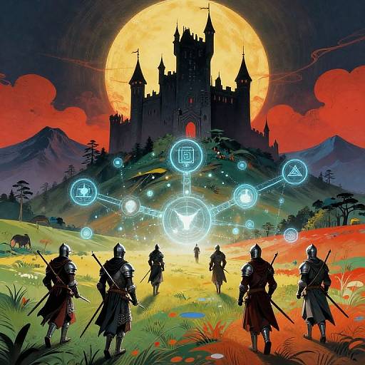 Digital art: Silhouetted armored knights with glowing blue runes approach a dark castle under a massive, orange sun in a vibrant, fiery landscape.