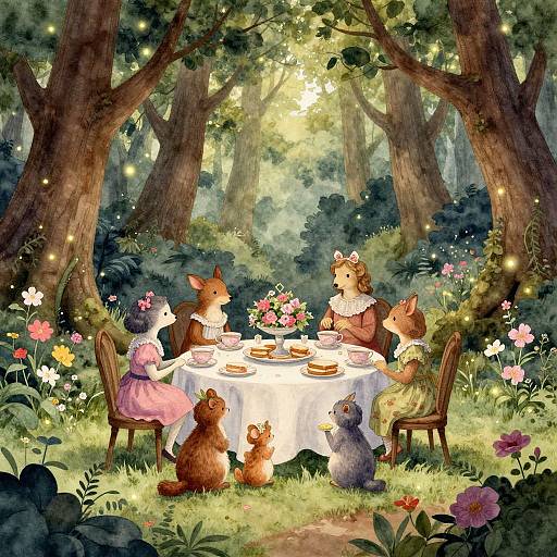 Whimsical watercolor of anthropomorphic squirrels in Victorian dresses, dining under enchanted forest trees with glowing fireflies and vibrant flowers.