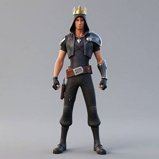 CGI image of a muscular man with dark skin, wearing a black hooded outfit, silver armor, crown, gloves, belt, and boots,