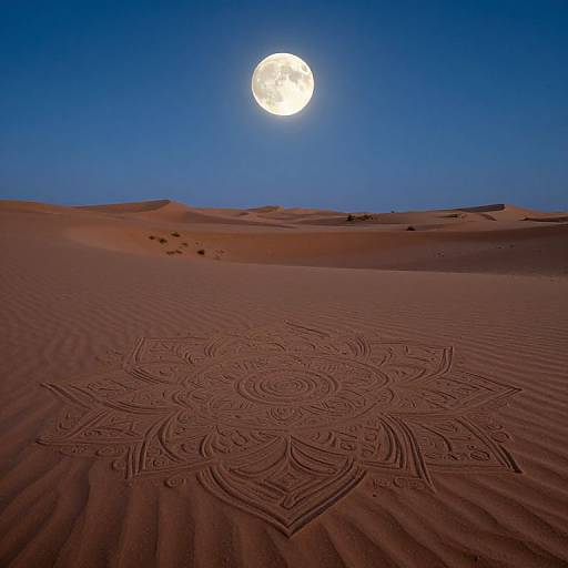 Photograph of a desert night with a full moon, intricate mandala sand drawing in the foreground, and rolling sand dunes under a clear blue sky