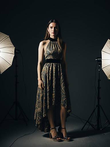 Woman in Black and Gold Paisley Evening Dress