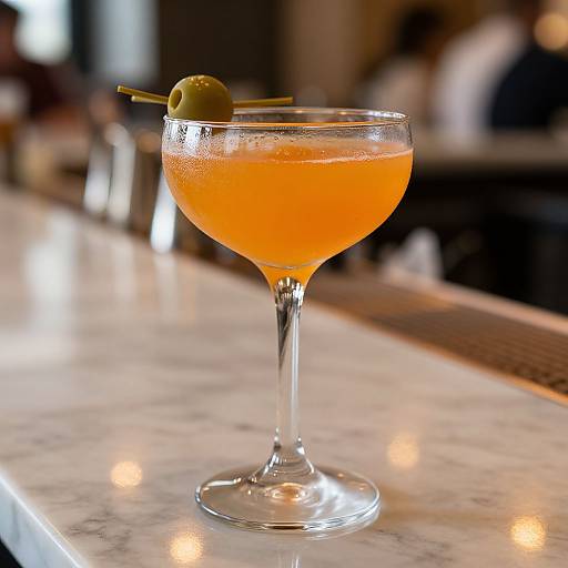 Photograph of a vibrant orange cocktail in a clear, vintage-style glass with a green olive and straw, on a marble bar counter, blurred background.